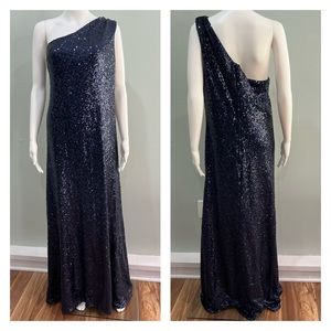 CHRISTINA WU Sequin Dress 14 Navy Blue Sparkle Formal One Shoulder Prom Party